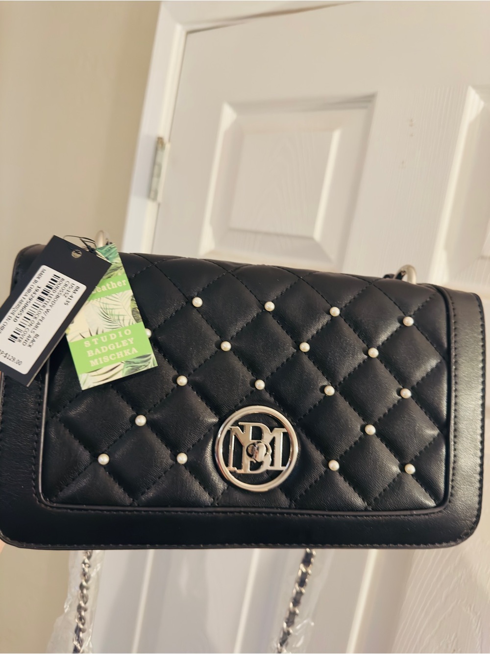 Badgley Mischka Black Quilted Crossbody with Pearl Studs